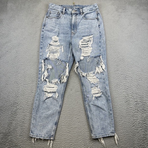 American Eagle Jeans Womens 8 Distressed Blue Ripped Mom High Rise 100% Cotton - Picture 1 of 14